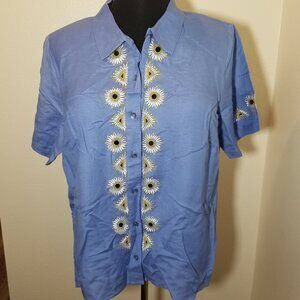 Bob Mackie Womens 1x Blue Short Sleeve Shirt Embroidered Floral Wearable Art